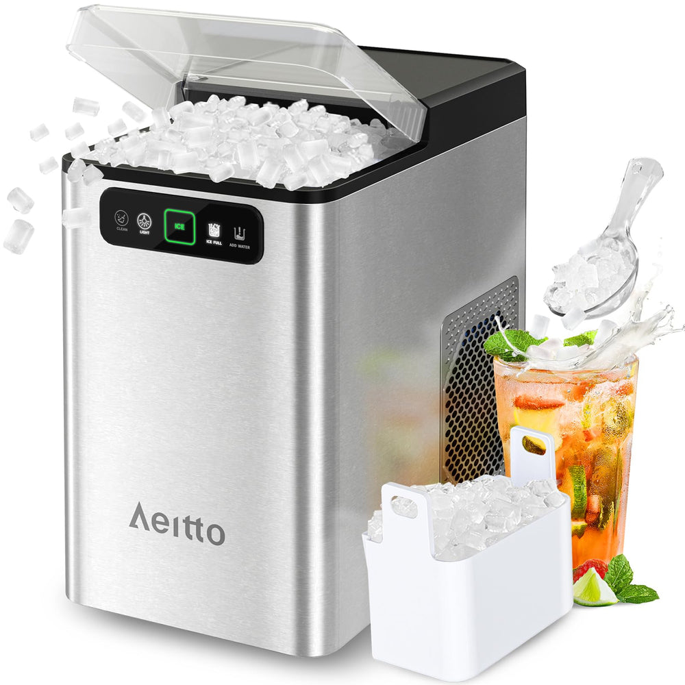 Aeitto Nugget Ice Maker Countertop, Pellet Ice Machine Soft Chewable Ice 40lbs/Day, One-Click Operation, Auto Self-Cleaning Crushed Ice Makers Stainless with Scoop for Home/Kitchen/Office