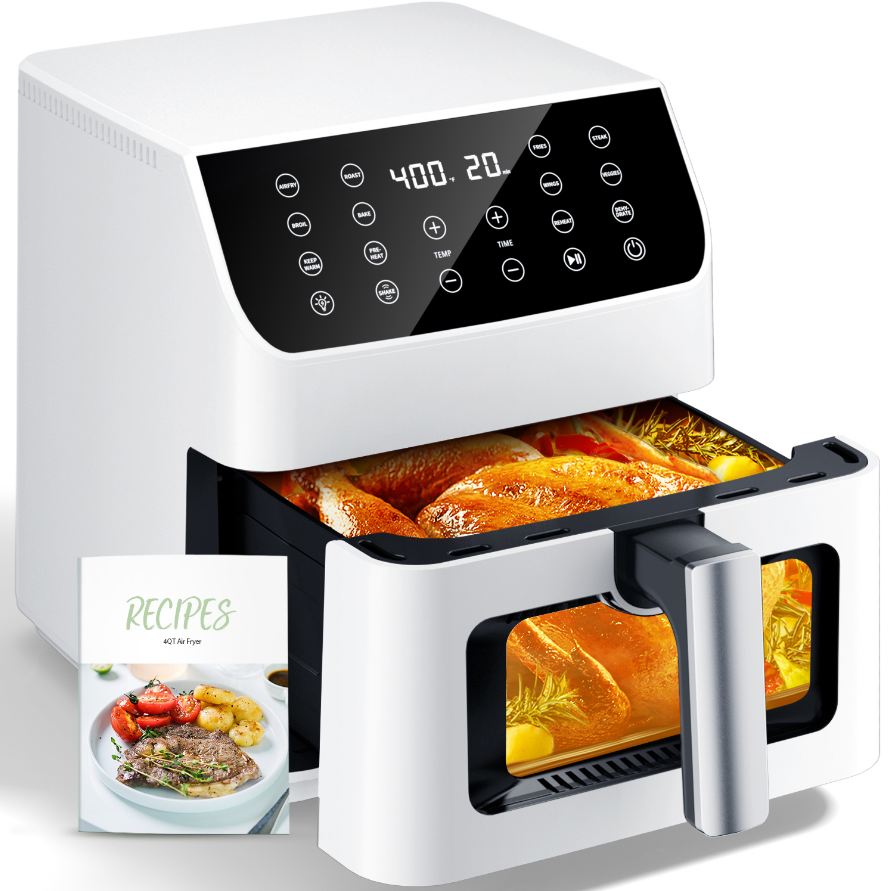 Aeitto 5.8QT Large Air Fryer, 12-in-1 Digital Airfryer with Clear Window, 40+ Recipes, Flavor-Lock Tech, Shake Reminder, Compact, Quiet, Dishwasher Safe, Nonstick, Fit for Family of 2-5, White