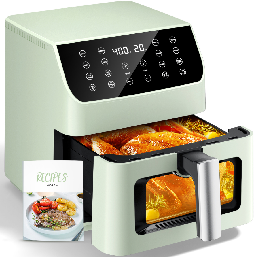 Aeitto 5.8QT Large Air Fryer, 12-in-1 Digital Airfryer with Clear Window, 40+ Recipes, Flavor-Lock Tech, Shake Reminder, Compact, Quiet, Dishwasher Safe, Nonstick, Fit for Family of 2-5, Green