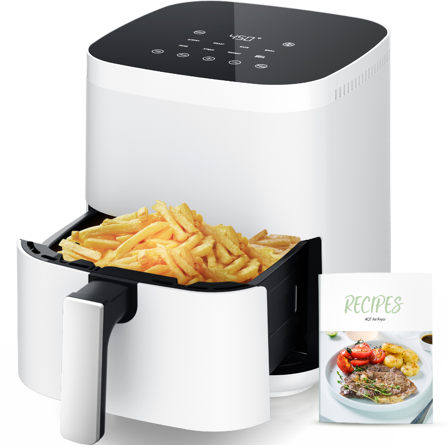 Air Fryer, Aeitto 8-in-1 Smart Compact 4QT Air Fryers,Shake Reminder,450°F Digital Airfryer with Flavor-Lock Tech,Tempered Glass Display,Dishwasher-Safe & Nonstick,Fit for 1-3 People, White