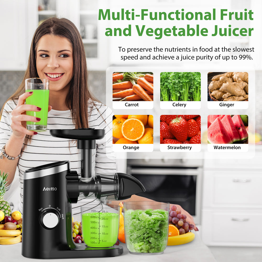 Juicer Machines, Aeitto Cold Press Juicer with Soft & Hard Modes, Quiet Motor, Reverse Function, Juice Extractor Vegetable and Fruit, Masticating Juicer, Easy to Clean with Brush