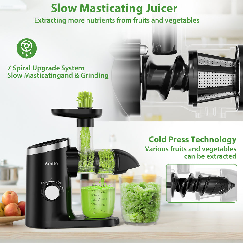 Juicer Machines, Aeitto Cold Press Juicer with Soft & Hard Modes, Quiet Motor, Reverse Function, Juice Extractor Vegetable and Fruit, Masticating Juicer, Easy to Clean with Brush