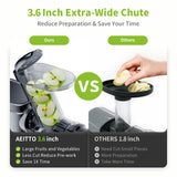 Aeitto Cold Press Juicer Machines, 3.6 Inch Wide Chute, Large Capacity, High Juice Yield, 2 Masticating Juicer Modes, Easy to Clean Slow Juicer for Vegetable and Fruit, Silver