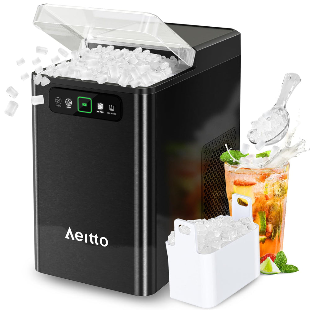 Aeitto Nugget Ice Maker Countertop, Pellet Ice Machine Soft Chewable Ice 40lbs/Day, One-Click Operation, Auto Self-Cleaning Crushed Ice Makers Stainless with Scoop for Home/Kitchen/Office