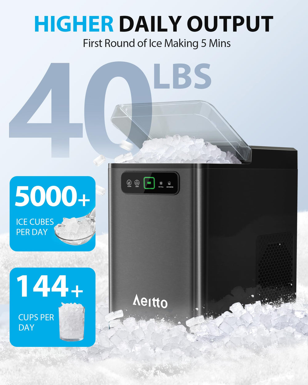 Aeitto Nugget Ice Maker Countertop, Pellet Ice Machine Soft Chewable Ice 40lbs/Day, One-Click Operation, Auto Self-Cleaning Crushed Ice Makers Stainless with Scoop for Home/Kitchen/Office