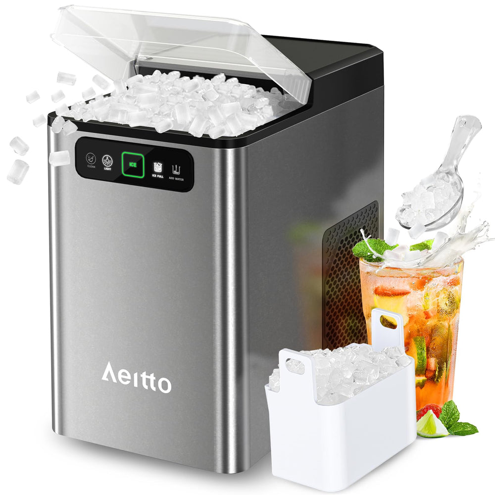 Aeitto Nugget Ice Maker Countertop, Pellet Ice Machine Soft Chewable Ice 40lbs/Day, One-Click Operation, Auto Self-Cleaning Crushed Ice Makers Stainless with Scoop for Home/Kitchen/Office