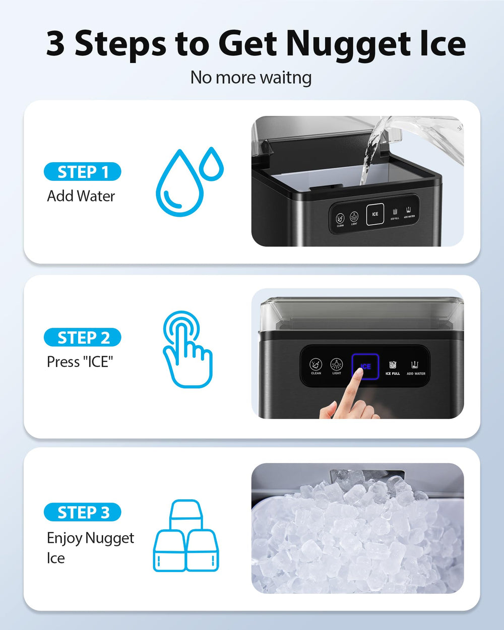 Aeitto Nugget Ice Maker Countertop, Pellet Ice Machine Soft Chewable Ice 40lbs/Day, One-Click Operation, Auto Self-Cleaning Crushed Ice Makers Stainless with Scoop for Home/Kitchen/Office