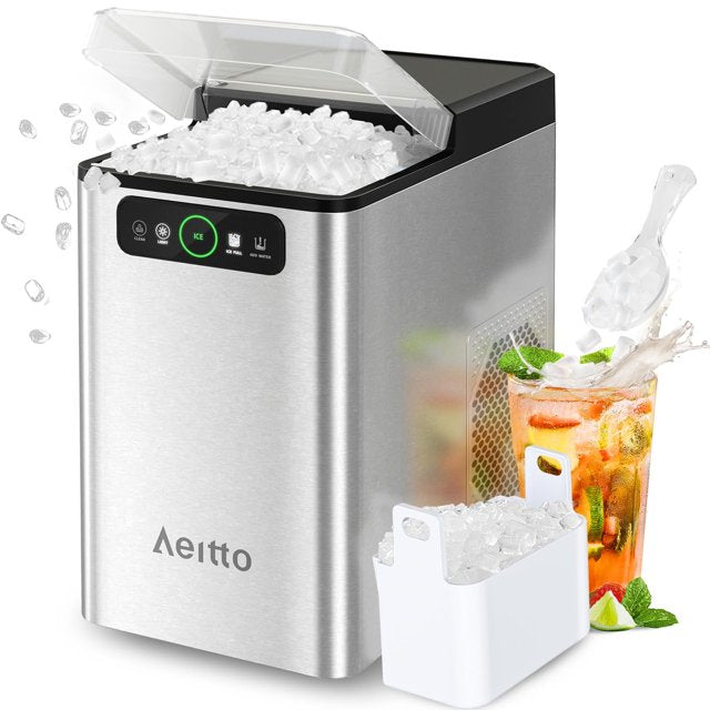 Aeitto Nugget Ice Maker Countertop, Pellet Ice Machine Soft Chewable Ice 40lbs/Day, One-Click Operation, Auto Self-Cleaning Crushed Ice Makers Stainless with Scoop for Home/Kitchen/Office,Silver