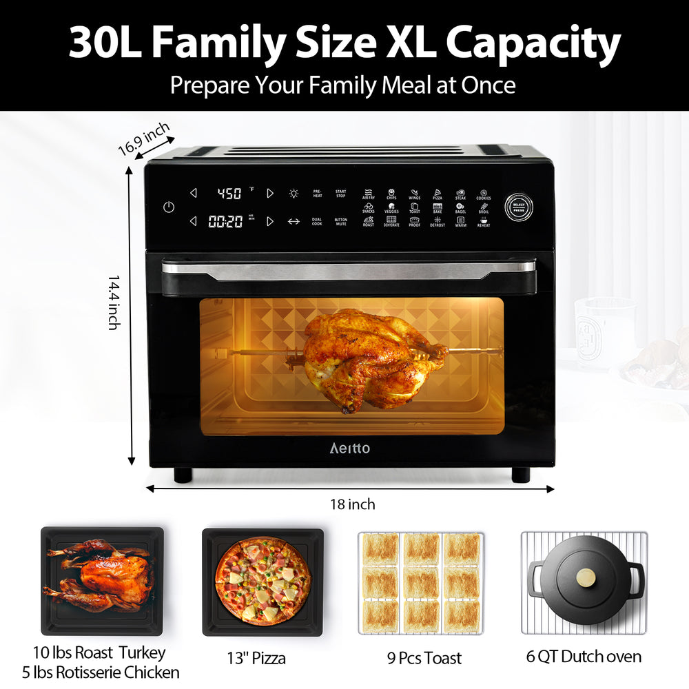 Aeitto 32QT MAX Smart Air Fryer, with Rotisserie and Full Accessories, 19-In-1 Digital Airfryer Toaster Oven Combo with Dehydrator