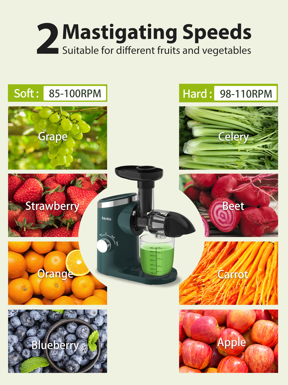 Aeitto Masticating Juicer with Two Speed Modes GREEN