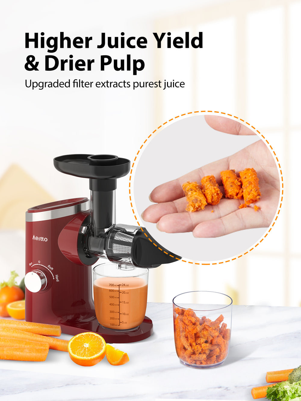 Aeitto Masticating Juicer with Two Speed Modes Red